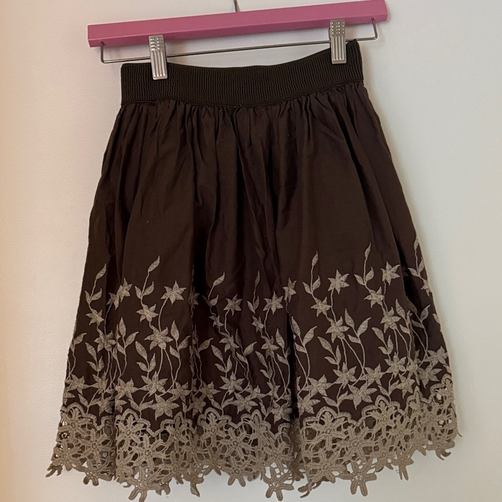 Chic Brown Floral Embroidered A-Line Skirt